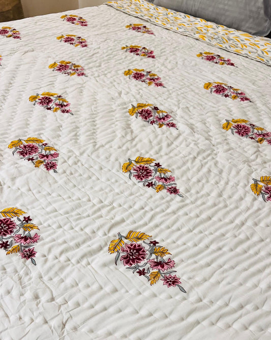 Yellow Poppy Bouquet Mul Mul Cotton Block Printed King Size Reversible Quilt
