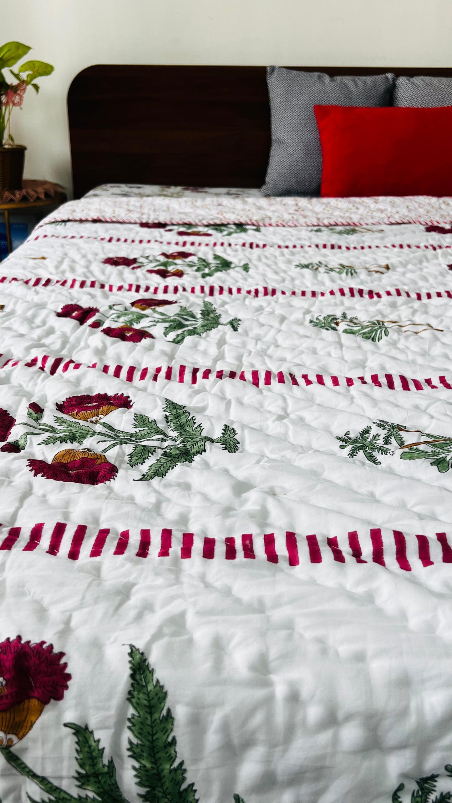 Red Poppy and Palm Tree Mul Mul Cotton Block Printed King Size Reversible Quilt