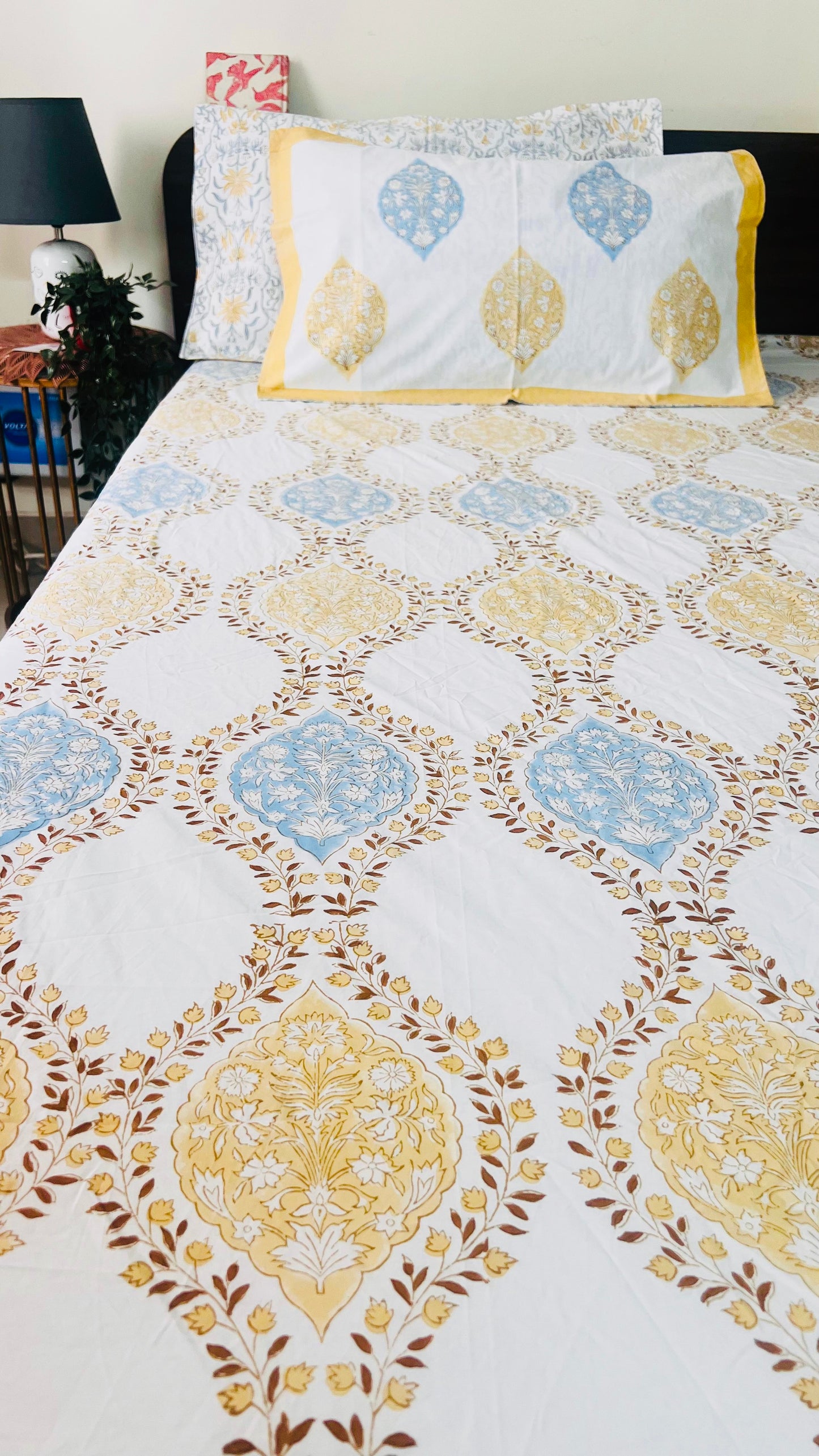 Blue and Beige Mughal Garden Cotton Block Printed Fitted Bedsheet