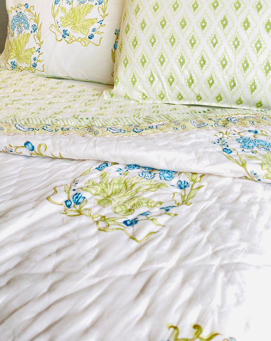 Blue Cypress Mul Mul Cotton Block Printed King Size Reversible Quilt