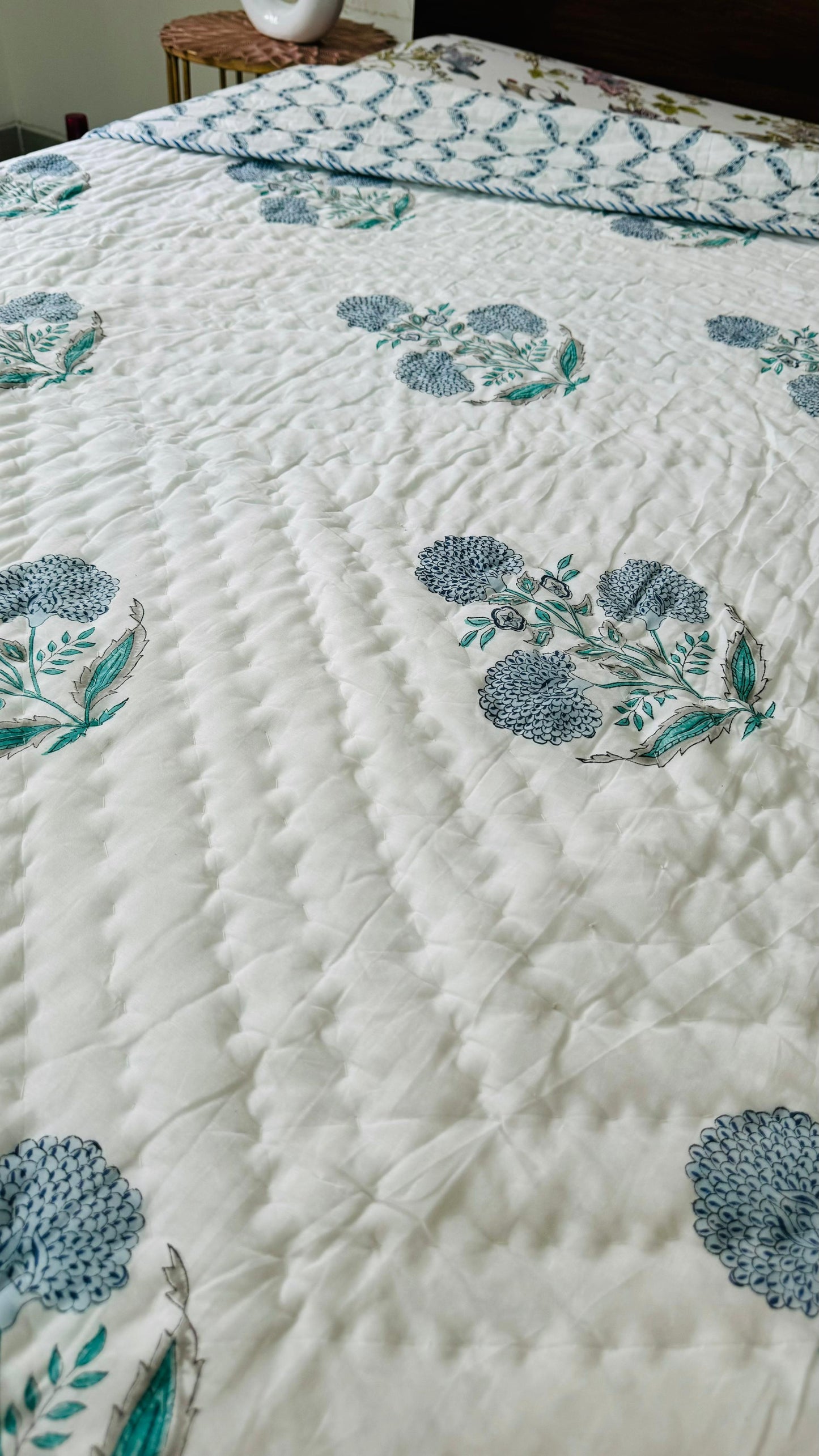 Ice Blue Garden Mul Mul Cotton Block Printed King Size Reversible Quilt