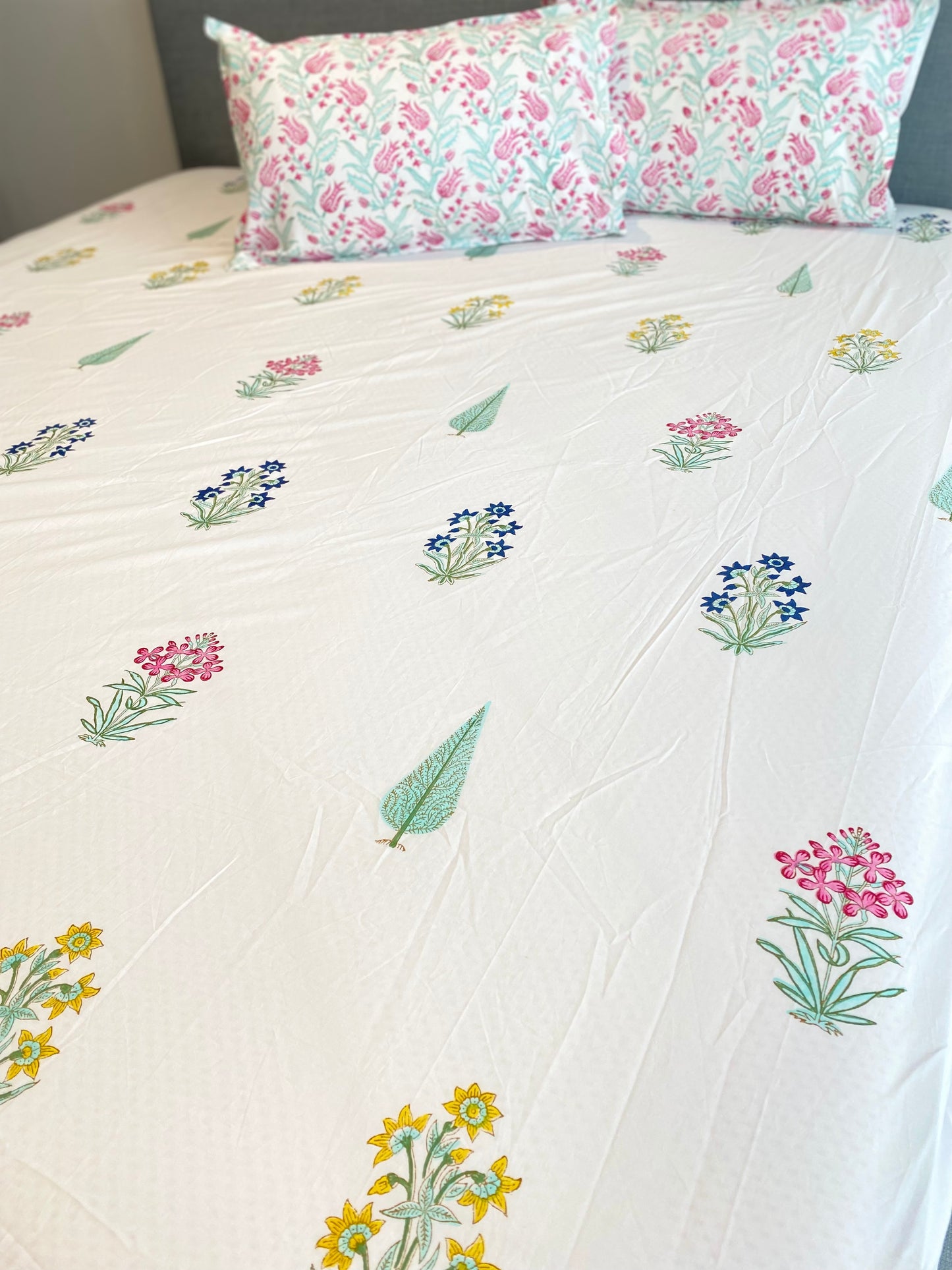 Floral Buti and Cypress Cotton Block Printed Fitted Bedsheet