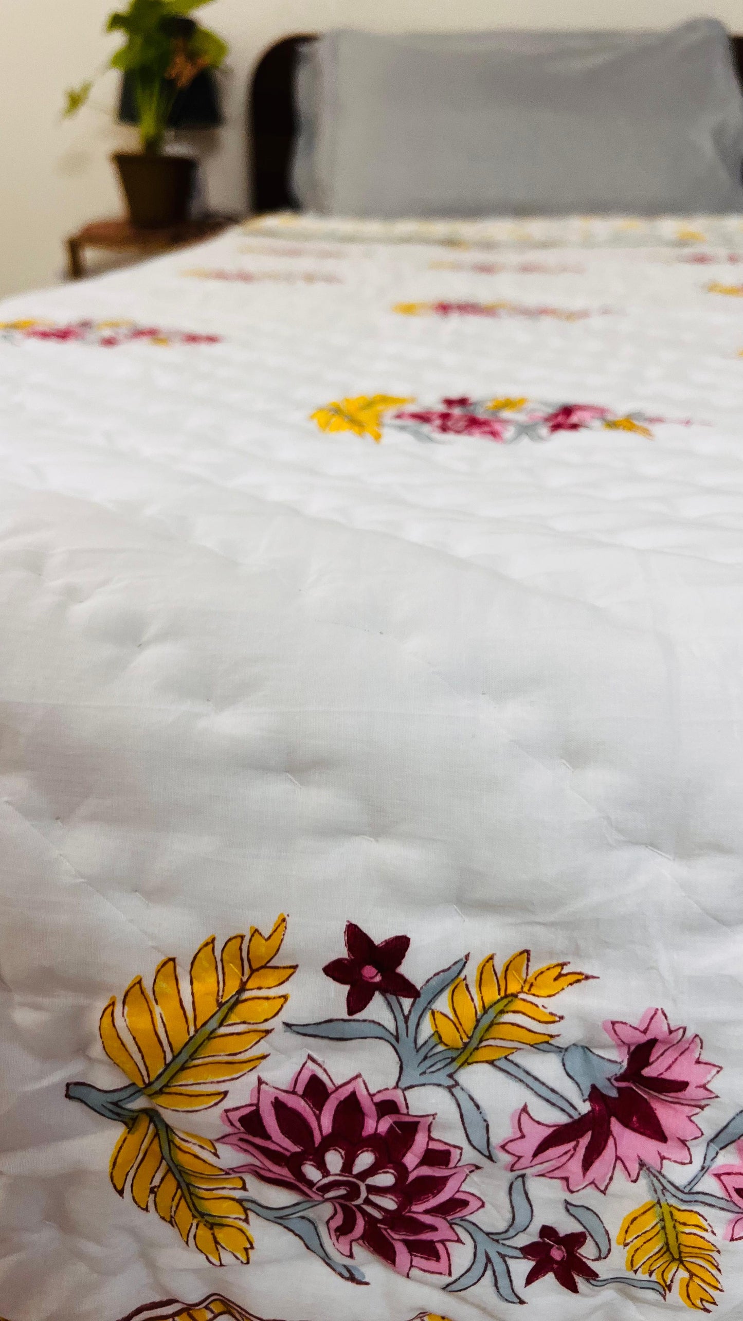 Yellow Poppy Bouquet Mul Mul Cotton Block Printed King Size Reversible Quilt