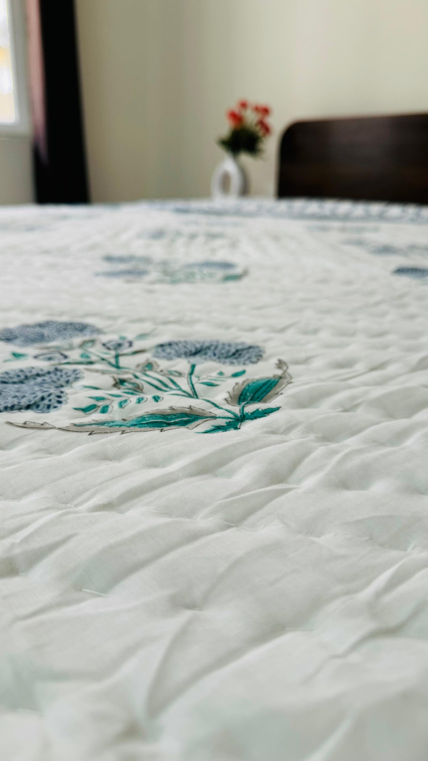 Ice Blue Garden Mul Mul Cotton Block Printed King Size Reversible Quilt