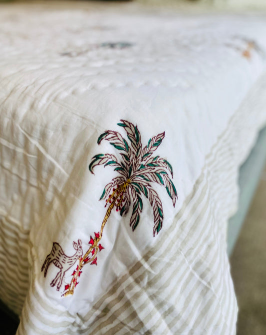 Valley Of Palms Mul Mul Cotton Block Printed King Size Reversible Quilt