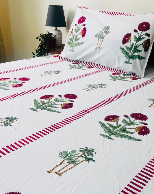 Red Poppy and Palm Tree Cotton Block Printed Fitted Bedsheet