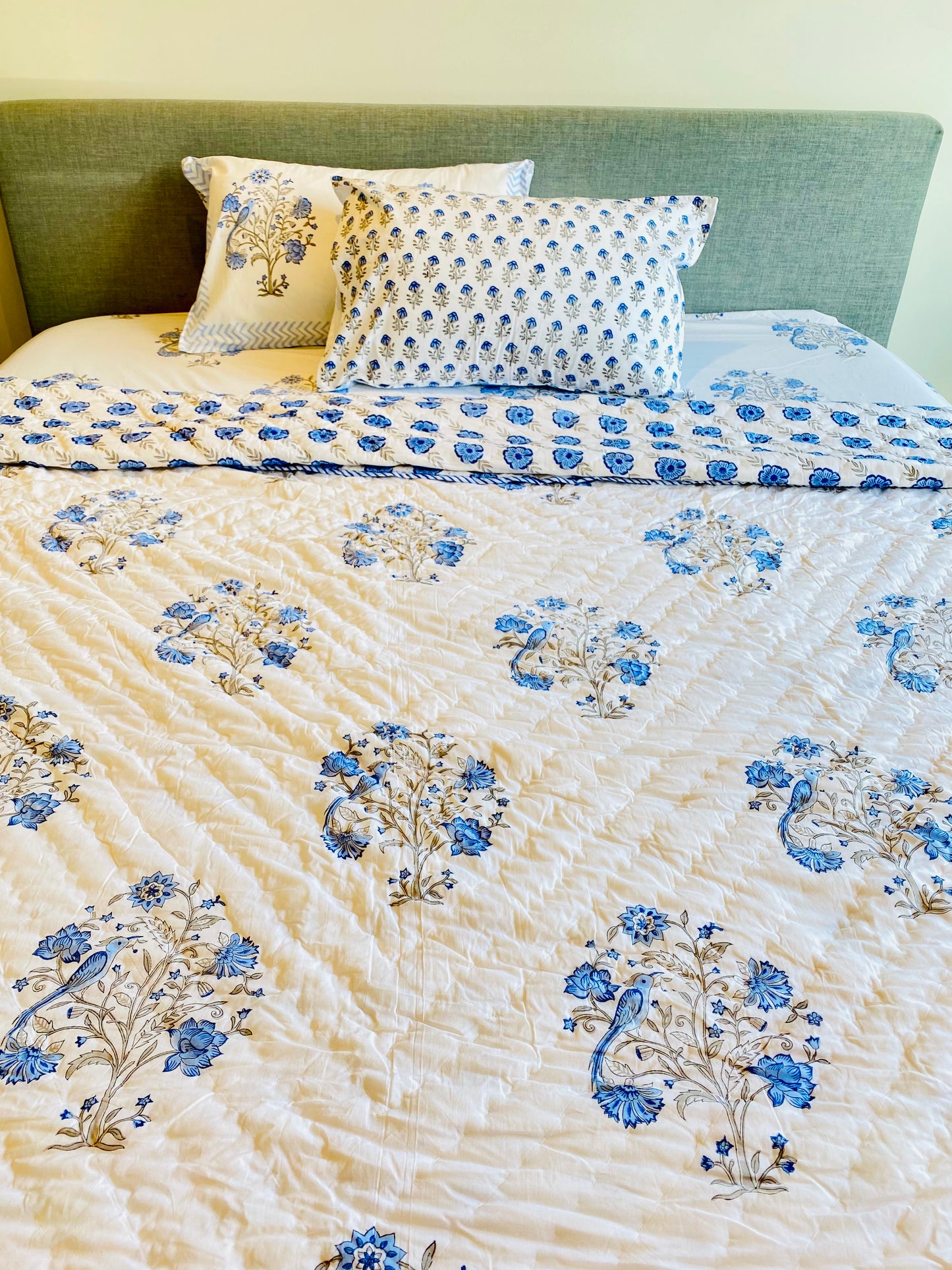 Blue Peafowl in a Tree Cotton Block Printed Fitted Bedsheet